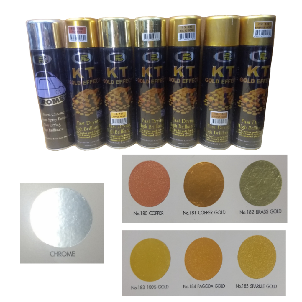 สเปรย์สีทอง สเปรย์สีโครเมียม ยี่ห้อบอสนี่, Bosny KT gold effect spray, Bosny chrome spray