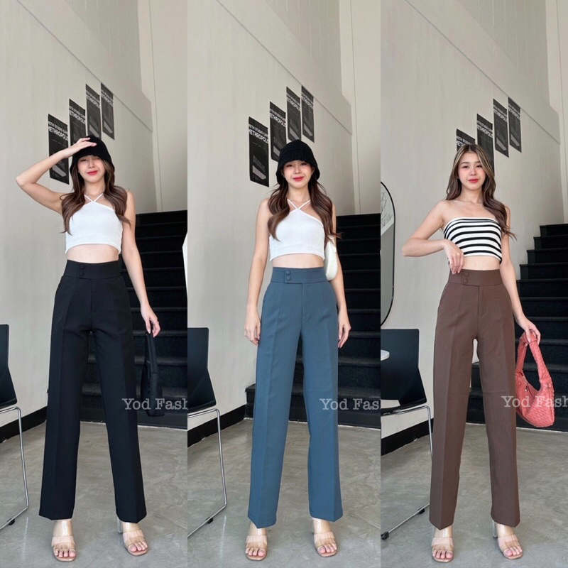 (ไซส์ S-3XL) กระดุมปั๊ม 2 เม็ด กระบอกกลาง ผ้าA80 เอวสูงเก็บหน้าท้อง พรางหุ่น ใส่แล้วขายาว