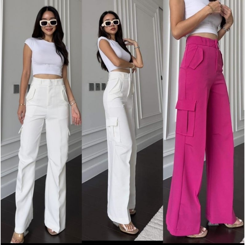 pt182 PROMTHONG กางเกงขายาว ทรงคาร์โก้ รุ่นใหม่ สีพื้น ใส่ทำงาน ใส่ไปเที่ยว ถ่ายรูป คาเฟ่ ทะเล สนามบิน ต่างประเทศ