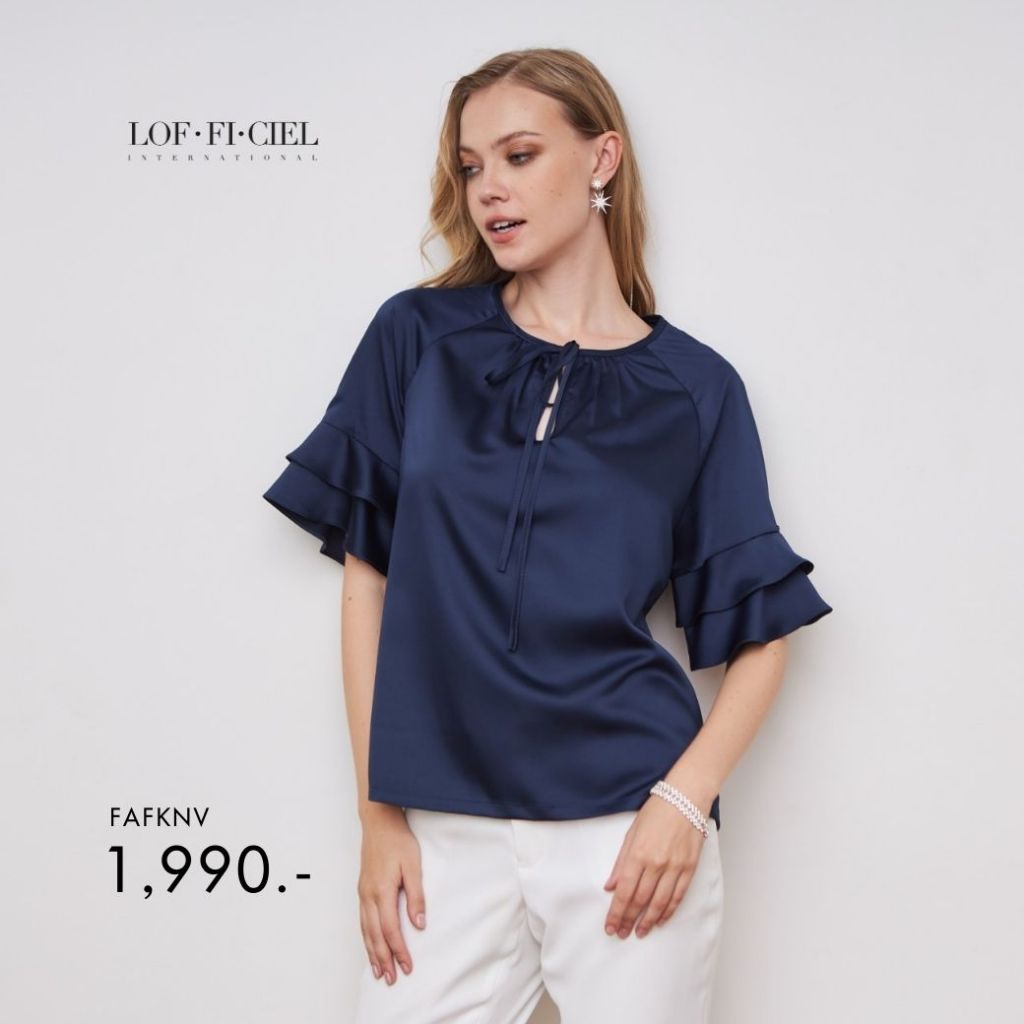 LOF-FI-CIEL เสื้อผู้หญิง Silk satin ruffle sleeve คอกลมแต่งโบ แขนระบาย สีกรม FAFKNV