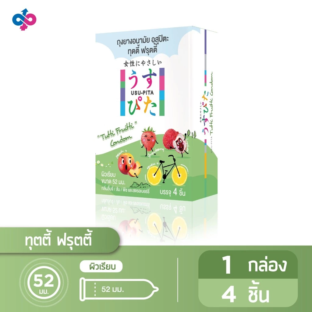 ถุงยางอนามัย Usu-Pita Tutti Frutti 1 กล่อง 4 ชิ้น 4 รสชาติ (ส้มยูสุ,ลิ้นจี่,พีช,สตรอเบอร์รี่)