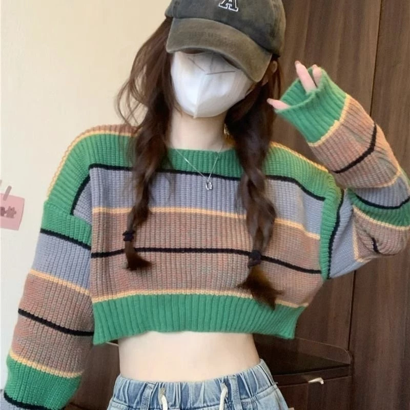 จัดส่งภายในประเทศไทย เสื้อครอปผ้าไหมพรมแขนยาว ลายขวาง Y62