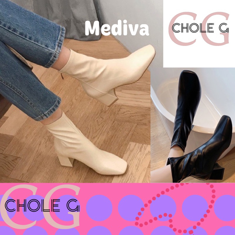 Chole  G:Mediva Short Fit Boots รองเท้าบูทหนังส้นสูง หัวตัด ซิปหลัง ไซส์37-41 รองเท้าหุ้มข้อเข้ารูป(SH0043)