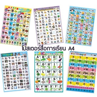 โปสเตอร์สื่อการเรียนพลาสติก A4 สำหรับเรียนพยัญชนะ ก-ฮ, A-Z, สระวรรณยุกต์, ไตรยางค์ ขนาด 21×29.7 ซม.