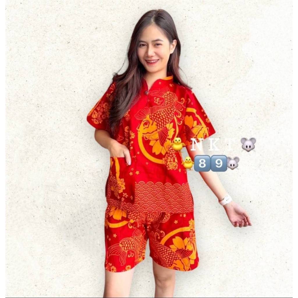 ชุดเซ็ตตรุษจีนสีแดง🎉ลายปลา ชุดเซ็ตเสื้อคอจีน+กางเกงขาสั้น NKT.89