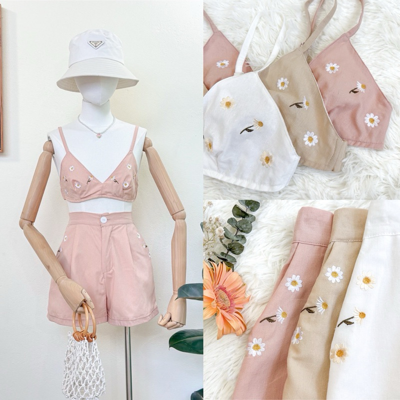 KORRA ·͜·♡ชุดเซ็ทบรา+กางเกง🌻ผ้าฝ้ายปักลายดอกไม้✨สายสามารถปรับได้✨