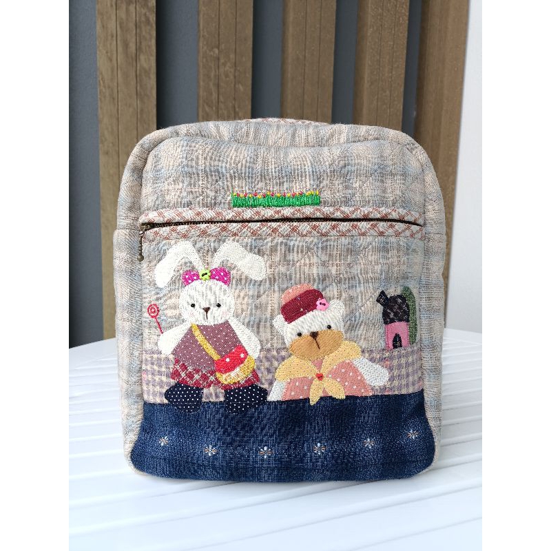 กระเป๋าเป้ผ้าญี่ปุ่นแฮนด์เมดแอพพลิเค่ลายกระต่ายกับหมี