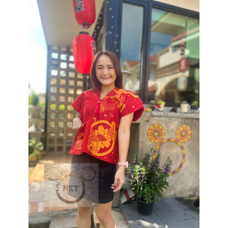 เสื้อคอกะเหรี่ยงทูโทนแดง🐲มังกร/ปลา 🎗มีให้เลือก 2 ลาย ลายมังกร ลายปลาคาร์ฟ