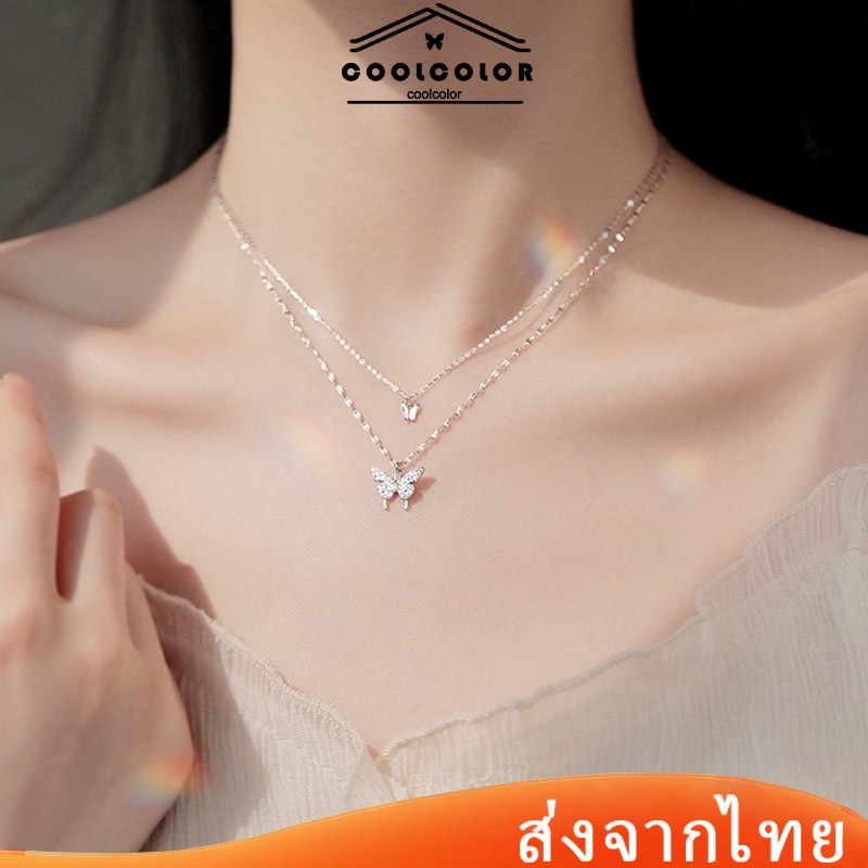 ในไทย💖สองชั้นสร้อยคอจี้รูปผีเสื้อโซ่ไหปลาร้าเสน่ห์แฟชั่นสําหรับผู้หญิงเหมาะกับของขวัญวันเกิด