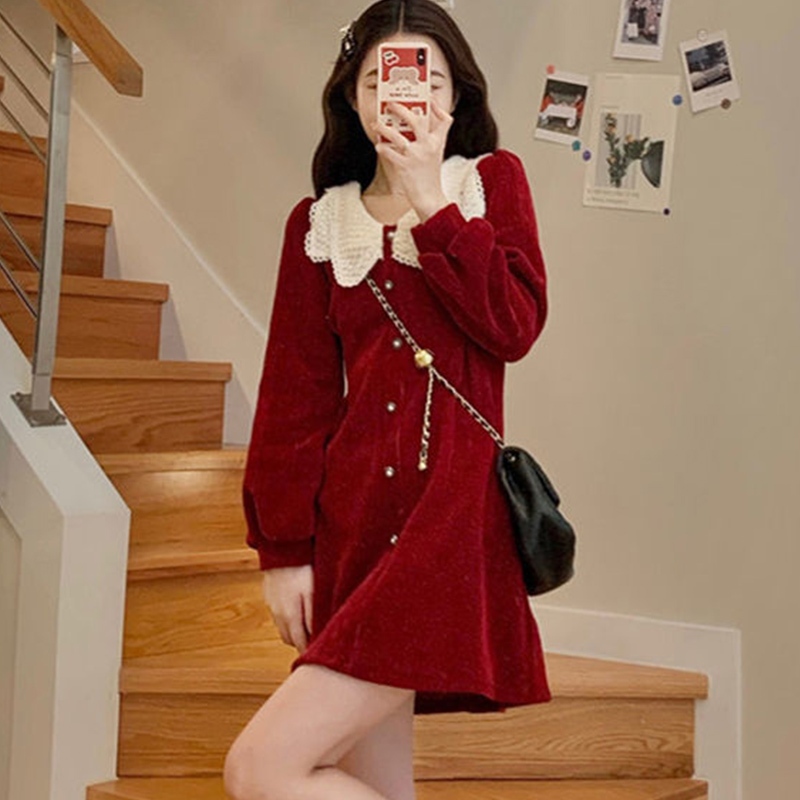 MVP 🌈ชุดเดรสสีแดงฤดูร้อน กระโปรงสีแดงคอปกเด็กเอวบางสไตล์ย้อนยุค ชุดปีใหม่~