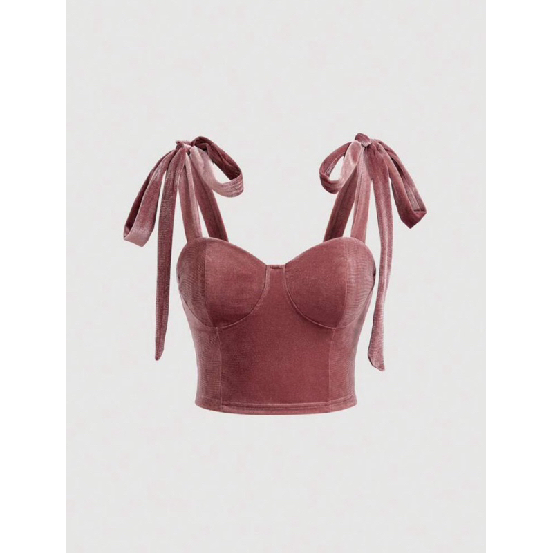 ส่งต่อ เสื้อกำมะหยี่เกาะอกสีชมพูตุ่น Dusty Pink, ดำ Midnight Black, แดง Burgundy Red แขนผูกโบว์ ตีมสีชมพู เพื่อนเจ้าสาว
