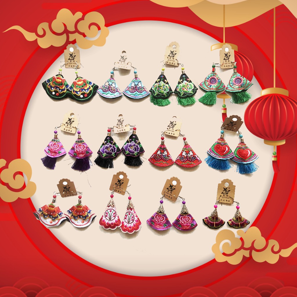 ตุ้มหูจีน ต่างหูจีนโบราณ สีสรรสดใส สำหรับผู้ที่ต้องการสีสรร เป็นงานปัก สีไม่ซีด ส่งในไทย by WPW open