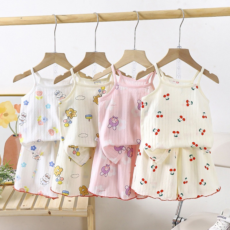Babyonline(Y302)K4 (ส่งด่วน1วัน)ชุดเซ็ตเสื้อสายเดี่ยวกางเกงขาสั้นสำหรับเด็กผู้หญิงลายการ์ตูนน่ารัก ผ