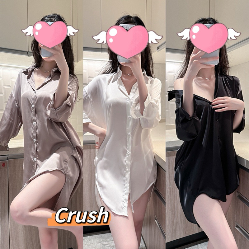 Crush💘ชุดนอนไม่ได้นอน เชิตแขนยาว เสื้อเชิ้ตเก๋ไก๋เกาหลี แขนยาว คอปก เสื้อทำงาน โอเวอร์ไซส์ผู้หญิง🛒พร้อมส่งจากไทย MS-14