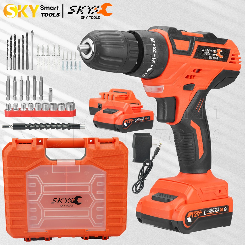 SKY TOOLS สว่านไร้สาย สว่าน เหมาะสำหรับเจาะปูน ไม้ เหล็ก ปรับสปีดได้ แบตเตอรี่ 2 ก้อน สำหรับเจาะไม้ เหล็ก ขันน็อตสกรู
