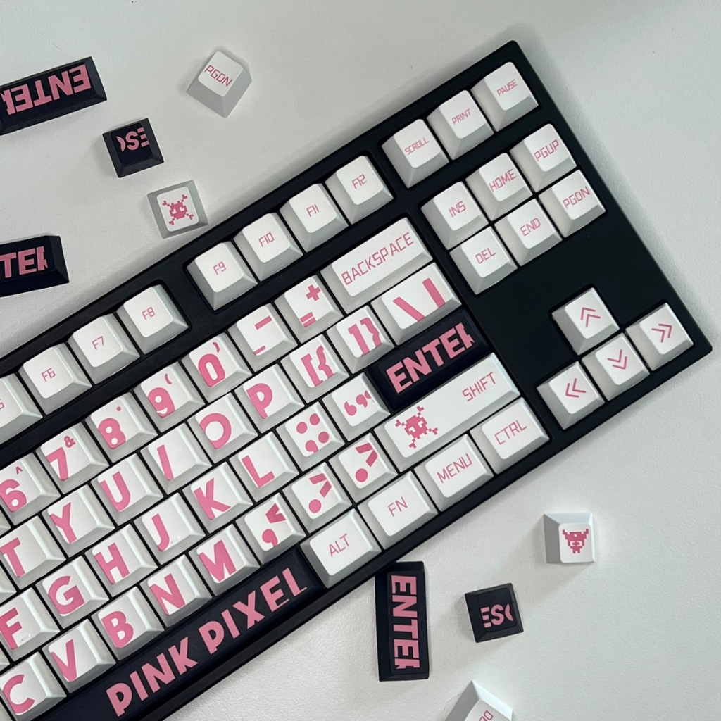 ⚡พร้อมส่งจากไทย⚡ รุ่นไหม่ keycaps คีย์ไทย133 PBT ปุ่มกดแป้นพิมพ์ DIYสำหรับแป้นพิมพ์เครื่องกล ตัวอักษรสีชมพู