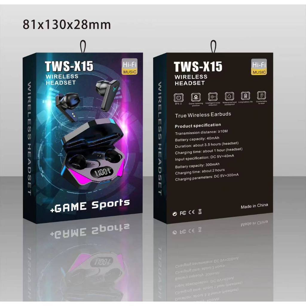 X15 TWS ชุดหูฟังไร้สาย Bluetooth กันน้ำและตัดเสียงรบกวน หูฟังเกมมิ่ง เหมาะสำหรับทุกรุ่น ไม่มีดีเลย์ มีไฟ LED