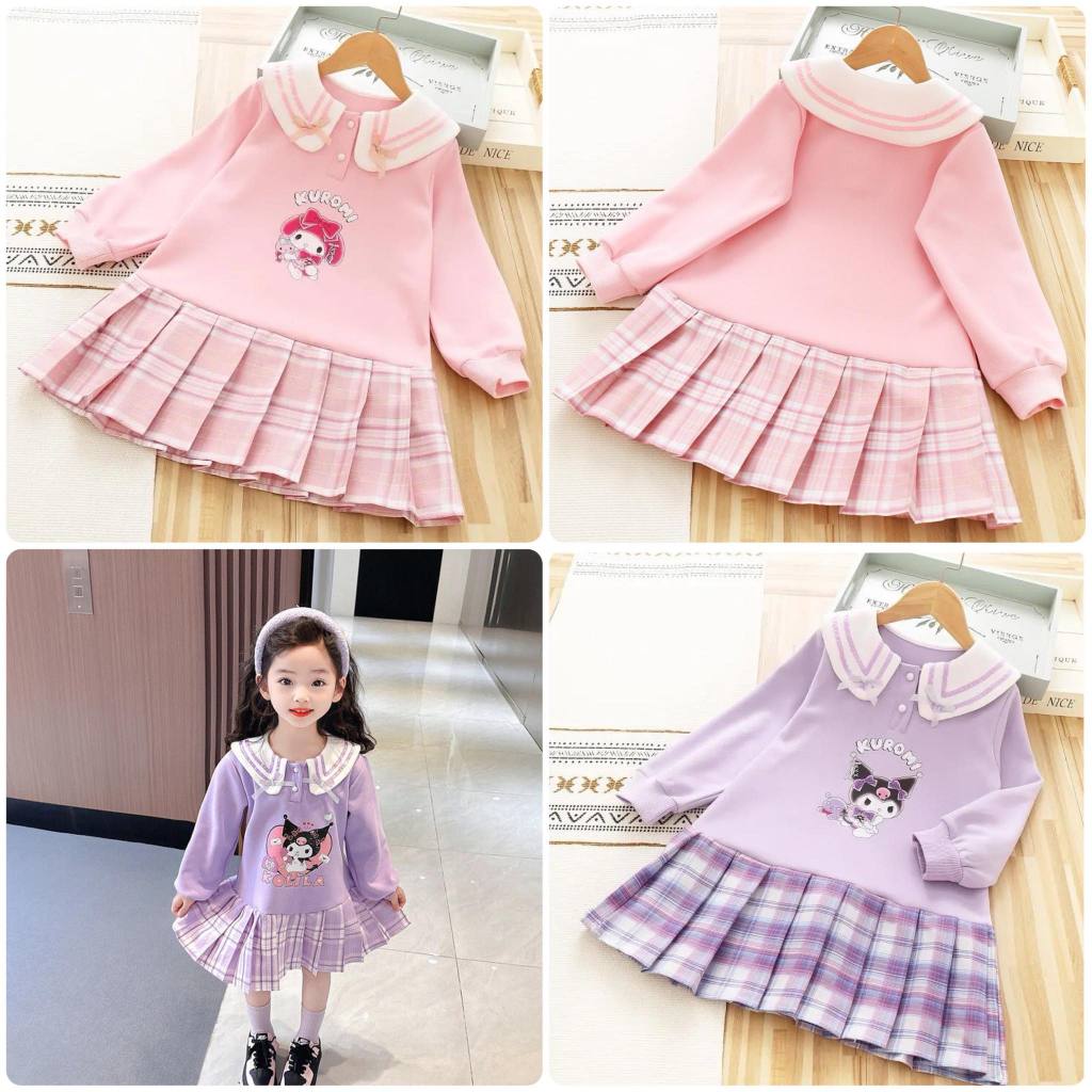 (**พร้อมส่งจากในไทย**)  NO.707/708 ชุดเดรสเด็กชมพูแขนยาวปกขาว เม โลดี้/คุ โรมิ