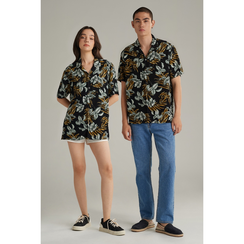 Mc jeans เสื้อเชิ้ต Unisex เสื้อฮาวายแขนสั้น สีดำ พิมพ์ลาย MSSZ231