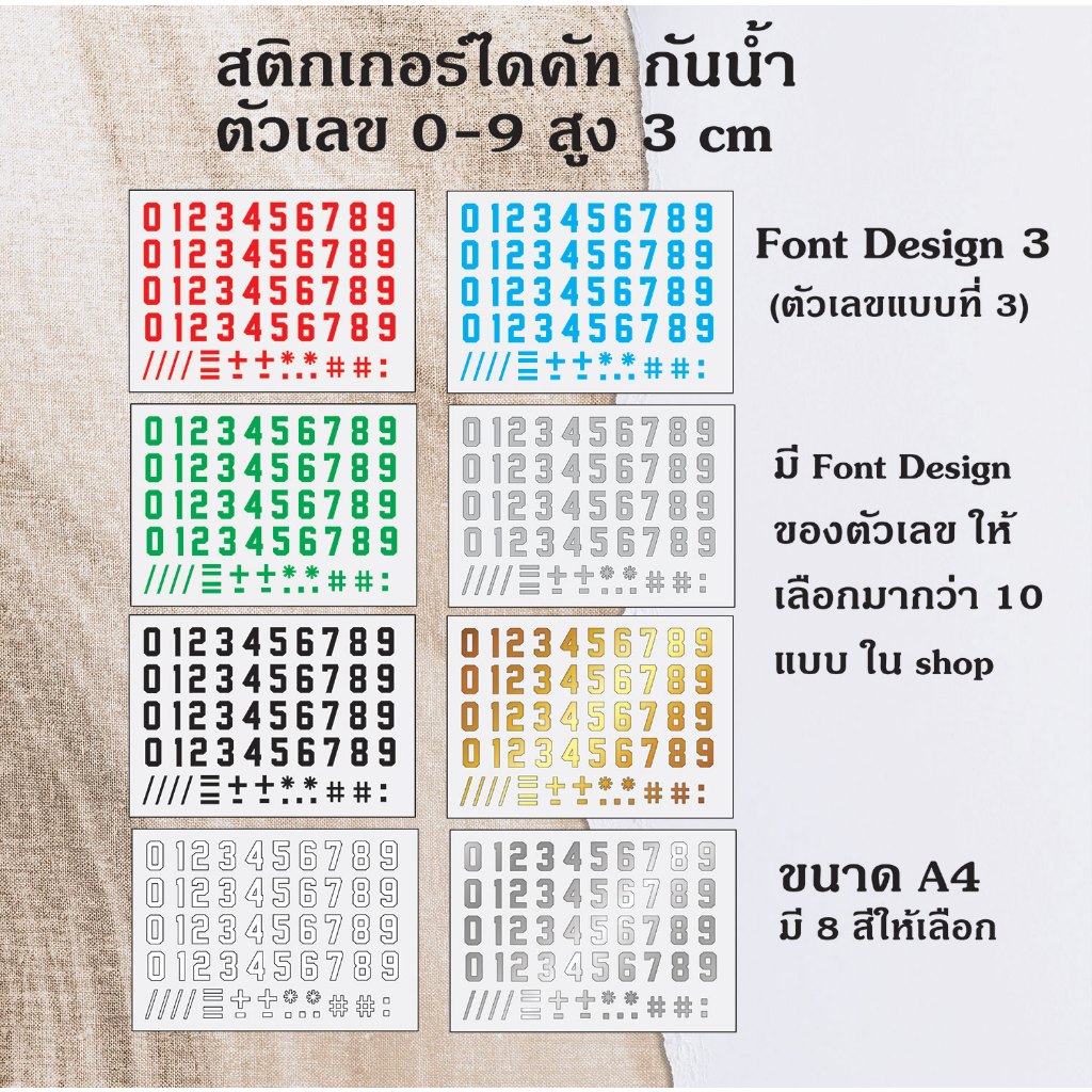 สติกเกอร์ ไดคัท PVC กันน้้ำ ตัวเลข 1-9 พร้อมเครื่องหมาย ติดกระจก ติดรถยนต์ บอร์ด ป้าย แบบ 3 ขนาดสูง 3 cm. ST-003-3-3cm