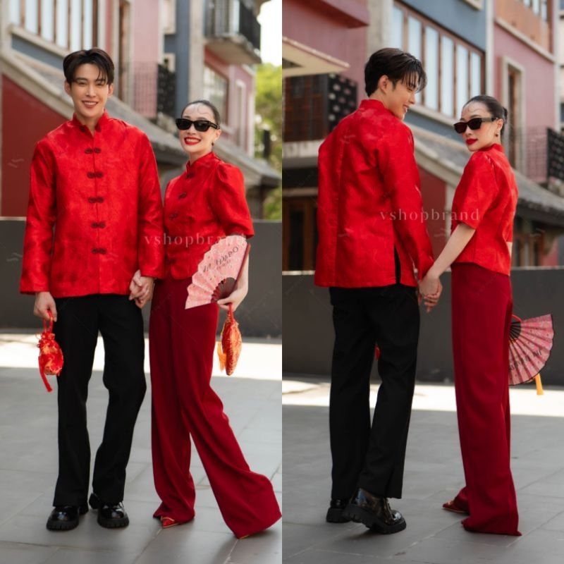 ชุดคู่ เซตกี่เพ้าเสื้อคอจีนผผ้าทอลายนูน+กางเกงขายาว VSM