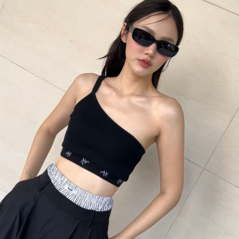 AHT112 Double strap one shoulder crop top เสื้อครอปผ้าร่องไหล่เดี่ยวสายคู่ดีเทลขอบทอโลโก้