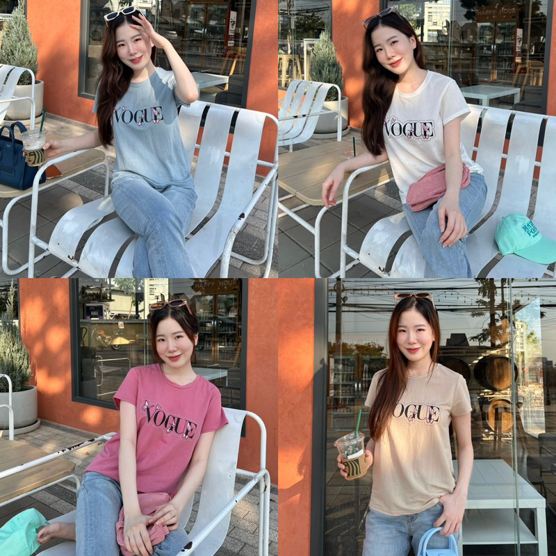 V4เสื้อยืดผสมลินินvogueลายผีเสื้อน่ารักๆ