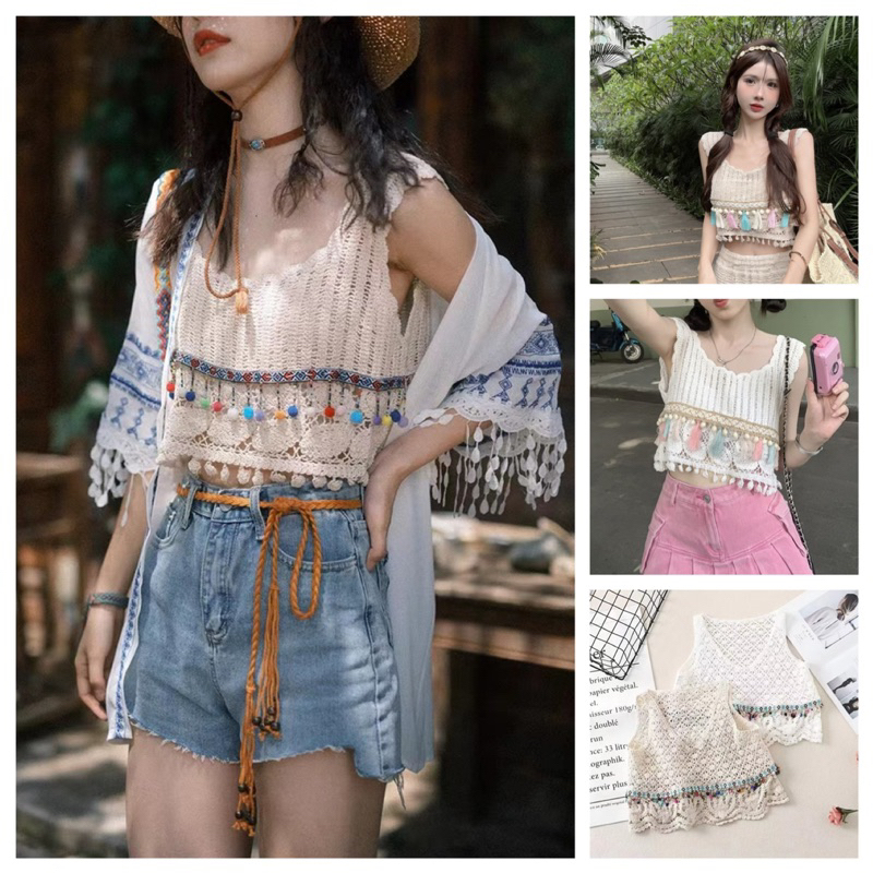 เสื้อสายเดี่ยวถัก เสื้อไหมพรมครอป