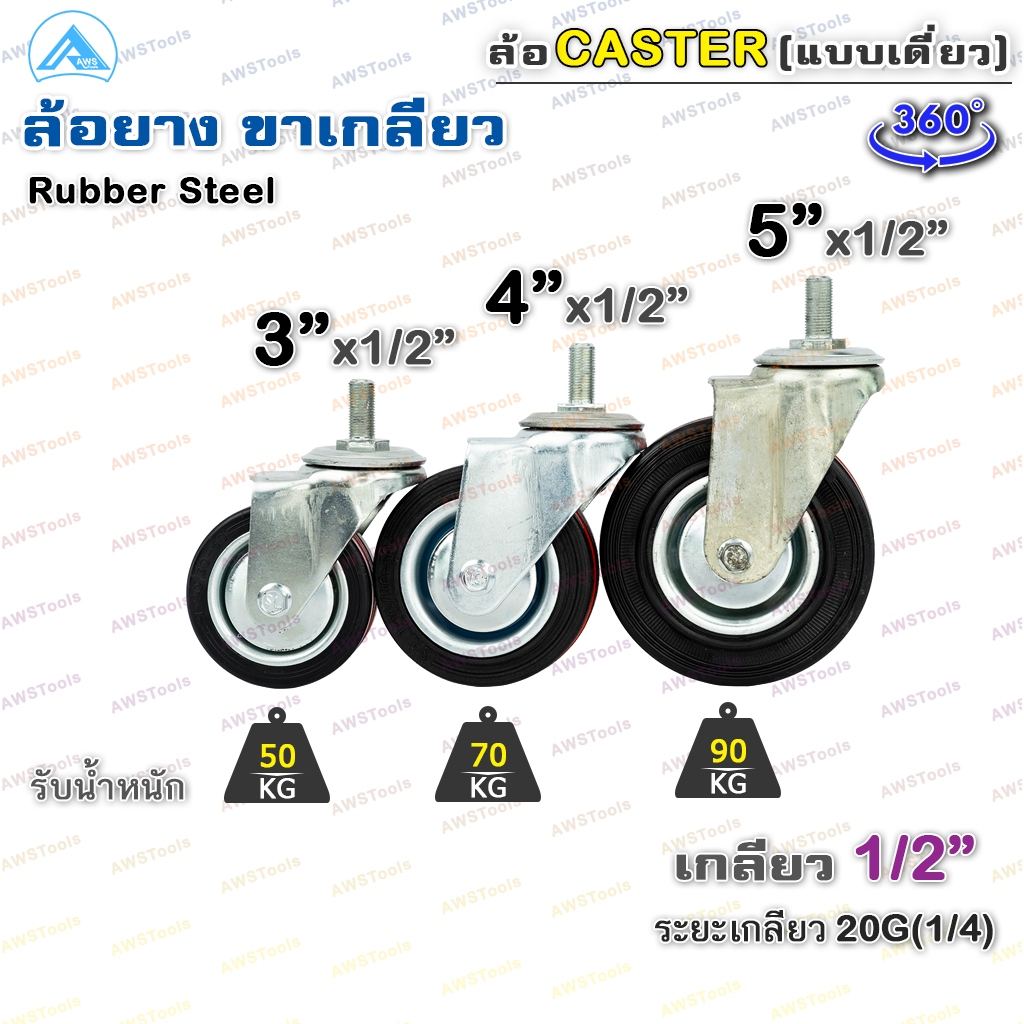 SC ล้อยางดำ ขาเกลียว 1 ชิ้น ขนาด 3, 4 และ 5 นิ้ว  ล้อรถเข็น ล้อยาง ล้อรถเข็น ล้อชั้นวางสินค้า