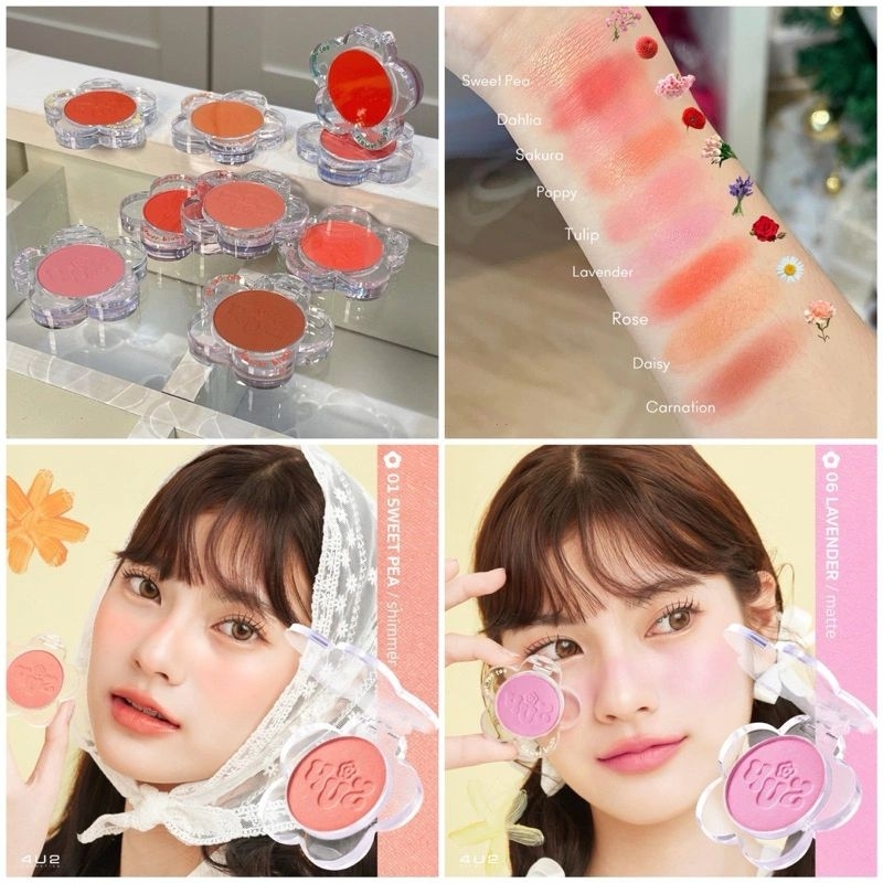 𝟒𝐔𝟐 𝐅𝐋𝐎𝐖𝐄𝐑 𝐁𝐋𝐔𝐒𝐇 บลัชดอกไม้  มีทั้งเนื้อแมทและชิมเมอร์ประกายเล่นแสง แก้มดูสดใสน่ารัก ทาได้ทั้งตา และแก้มได้เลย มี9 เฉดสี