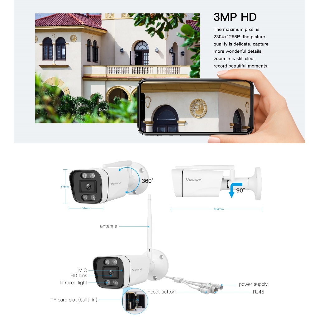 VSTARCAM CS58 WiFi SUPER HD 1296p 3MP กล้องวงจรปิดไร้สาย Ai + ตรวจจับสัญญาณแจ้งเตือน