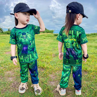 ชุดเซ็ทเด็ก เสื้อแขนสั้น+กางเกงขายาว ชุดเด็ก ลายซุปเปอร์ฮีโร่ ผ้าไมโครไฟเบอร์ ปลายขาจั๊ม