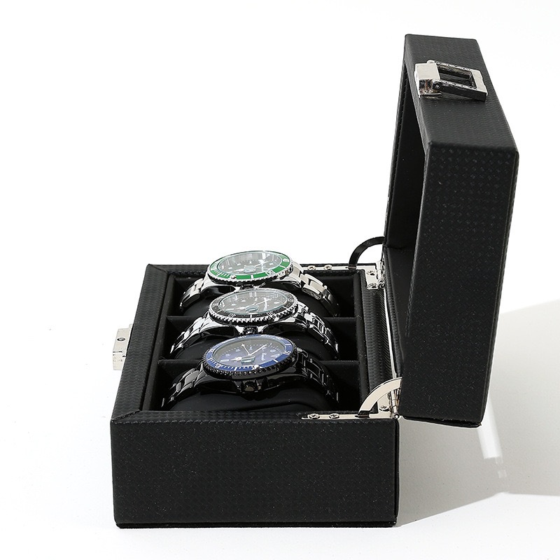 *พร้อมส่ง*กล่องนาฬิกา 3 เรือน กล่องใส่นาฬิกา (คาร์บอนไฟเบอร์สีดำ+ในPUหนัง) Watch Box
