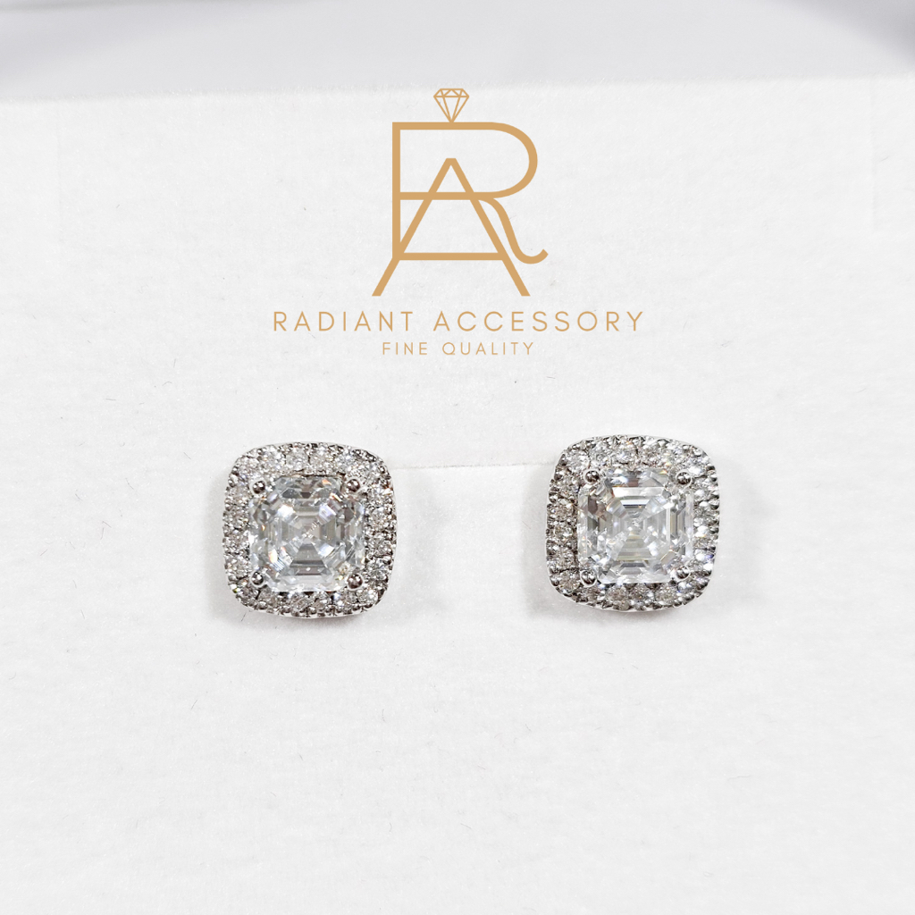ต่างหูเงินแท้ ฝังเพชร Moissanite Asscher cut 2กะรัต และฝังล้อม ชุบทองคำขาว