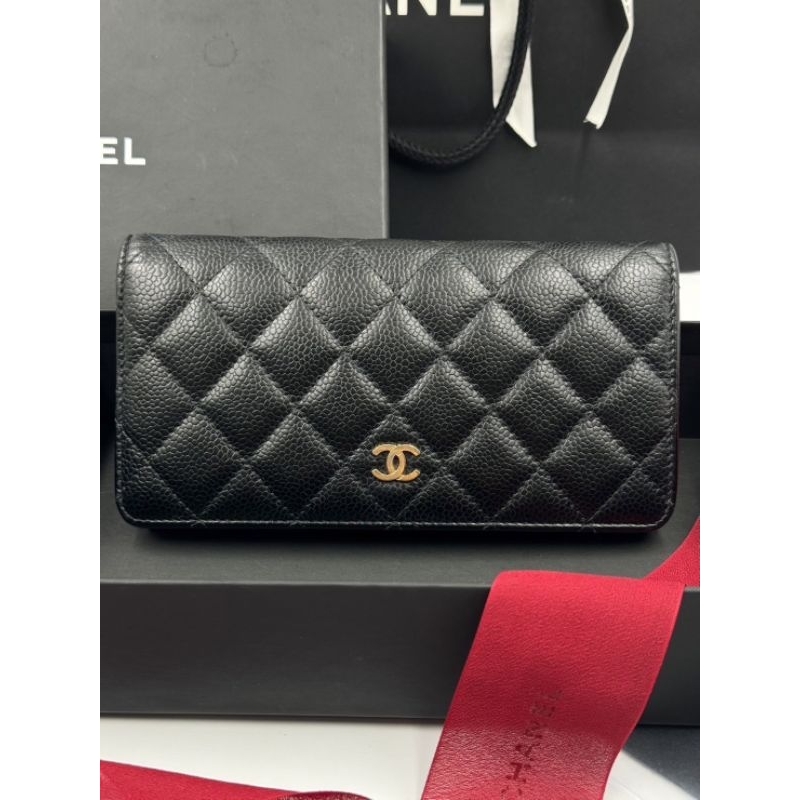 🖤🖤กระเป๋าสตางค์ใบยาว Used Chanel bifold long wallet shw holo 21 carviar