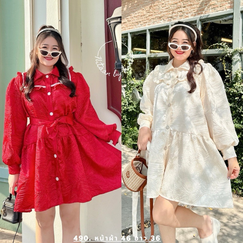 NITAAN SUNNY DRESS เดรสป้ายนิทาน ผ้าสวยมากก ผ้านูนแวววาว ทรงแขนพองเว่อๆ แต่งระบายคอเหลี่ยม กระดุมเพชร มีเชือกให้ค่า