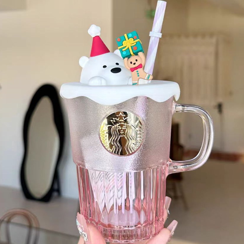 (ส่งฟรีEMS พร้อมส่งในไทย) Starbucks สตาร์บัค 400ML มัคแก้วหนาโลโกไซเรน + ฝาปิดซิลิโคนหมีขาว L5 (ของแท้)