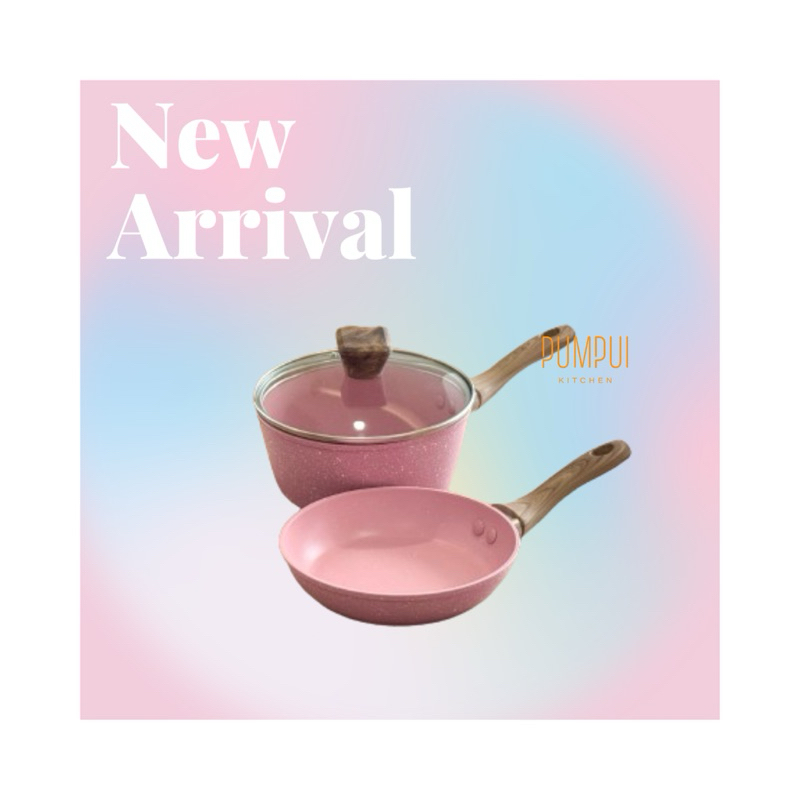 มีมอก. ✅ กระทะทอดไข่ดาว /หม้อ Sauce Pan(แยกชิ้น) สีชมพูพาสเทล ด้ามซิลิโคนลายไม้ กระทะเคลือบหินอ่อน