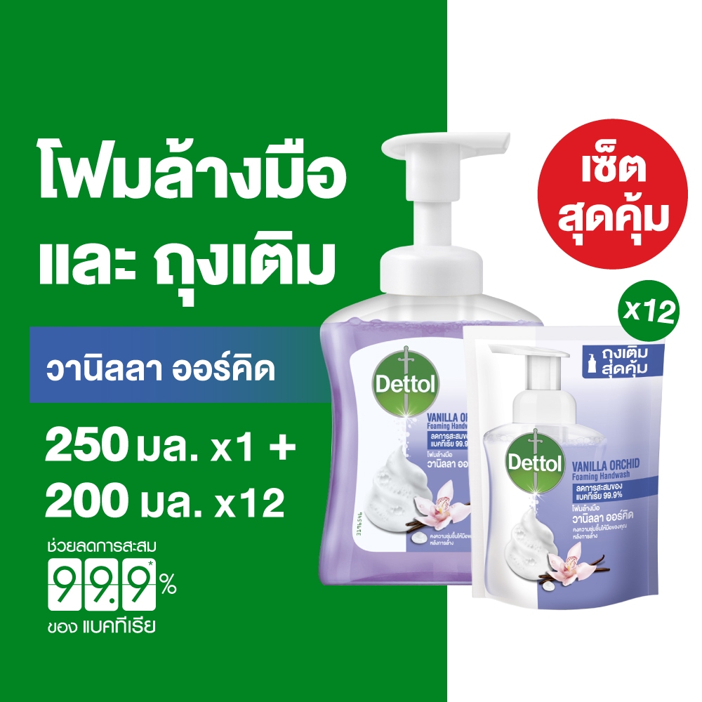 Dettol เดทตอล โฟมล้างมือเดทตอล โฟมล้างมือ ขวดปั้ม สูตรวนิลาออร์คิด 250มล.X1 พร้อมถุงเติม 200มล.X12