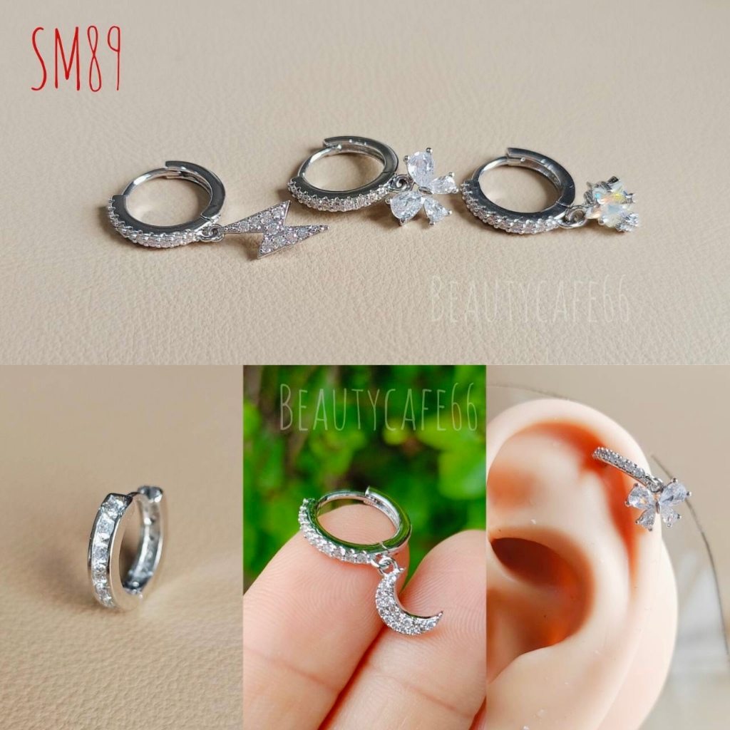 SM89 ต่างหูห่วงเพชร ห้อยตุ้งติ้ง สแตนเลสเนื้อเงา ฝังเพชรละเอียด