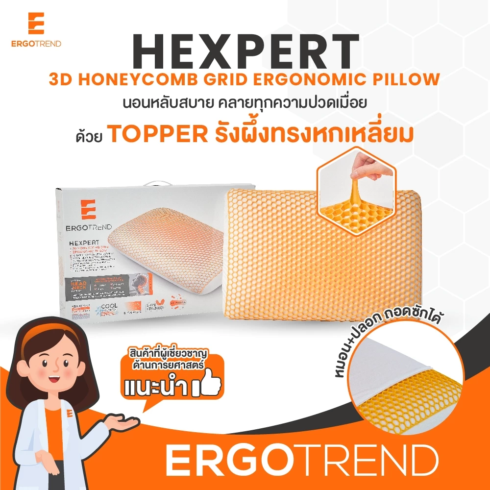[ฟรี ปลอกหมอน] ERGOTREND หมอนเพื่อสุขภาพ Hexpert 3D Honeycomb grid ERGONOMIC PILLOW