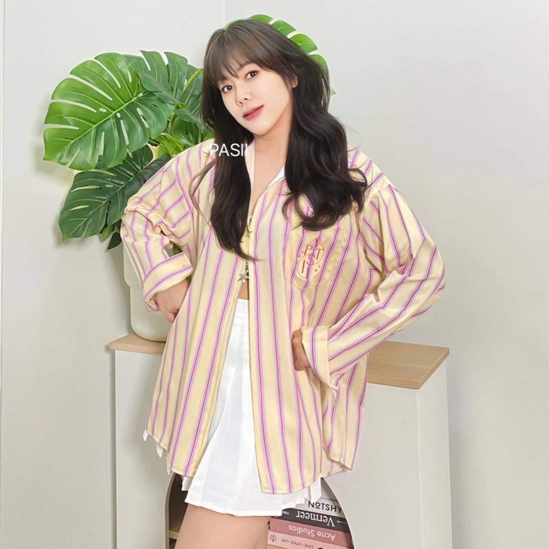 📌 เสื้อเชิ้ต ซิปหน้าโอเวอร์ไซส์ แขนยาวลายปัก รอบอก50