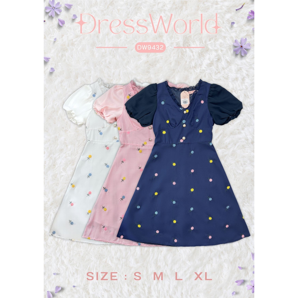 {S-XL} 9432 งานป้าย Dress World เดรสสั้นทรงบาน ปักลายดอก แขนบอลลูน ดีเทลน่าร๊าก รีบจับจองน๊า