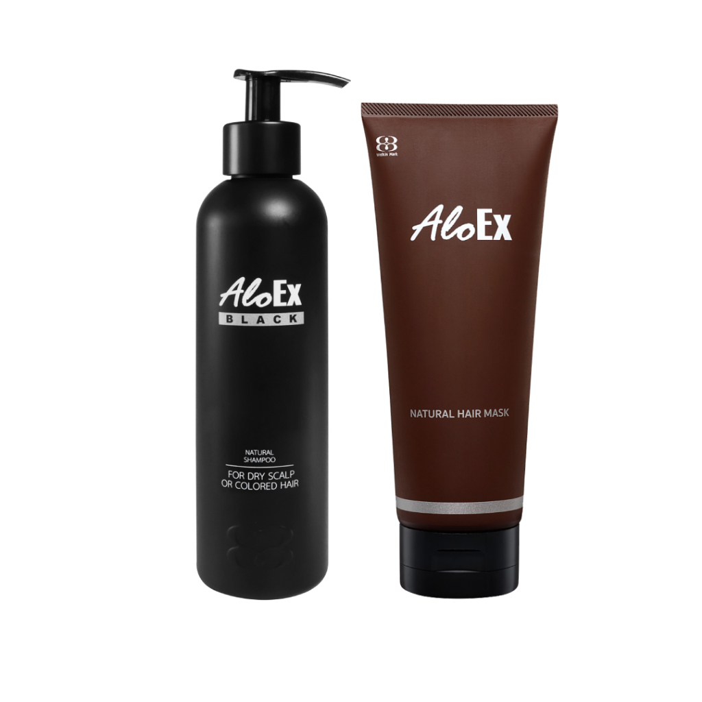 AloEx Black Shampoo 1 ขวดและ AloEx Hair Mask 1 หลอด เซตแชมพูและทรีทเม้นท์บำรุงเส้นผม