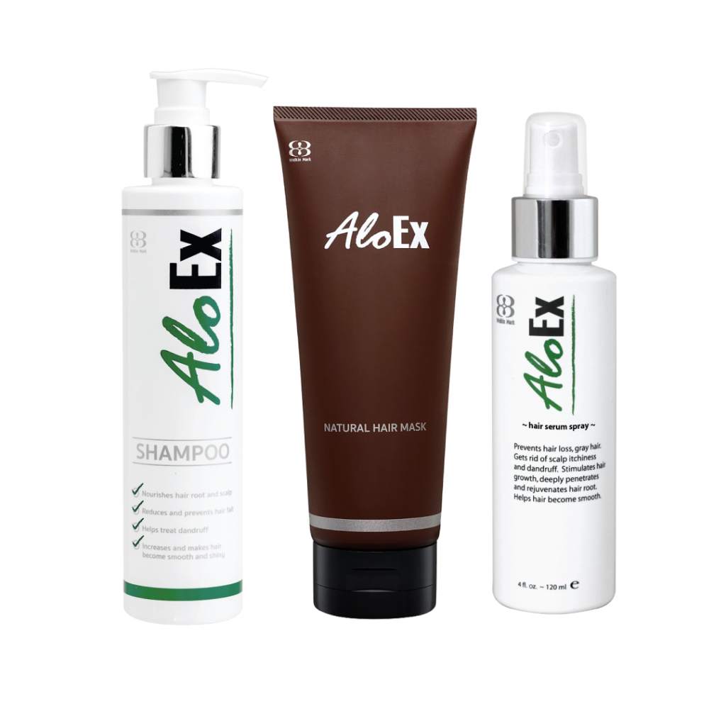 [เซตสุดคุ้ม] AloEx Original Shampoo, AloEx Hair Mask, AloEx Hair Serum 120 ml. เซตลดผมร่วง บำรุงผมหนา ดกดำ สำหรับผมมัน
