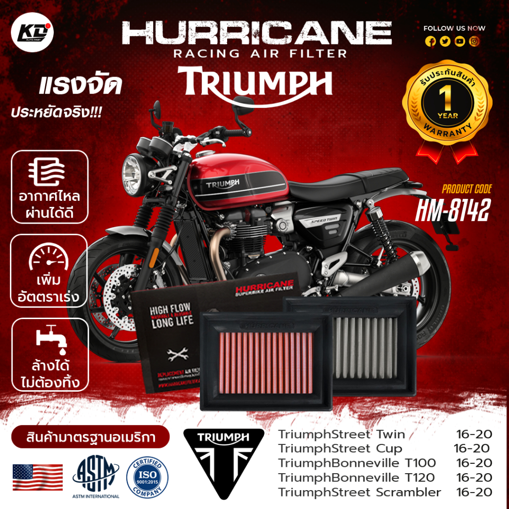 กรองอากาศ HURRICANE แท้100% กรองอากาศสแตนเลส , ผ้าแดง ไทอั้ม Triumph ( Twin , Cup , Scrambler , T100 , T120 ) HM-8142