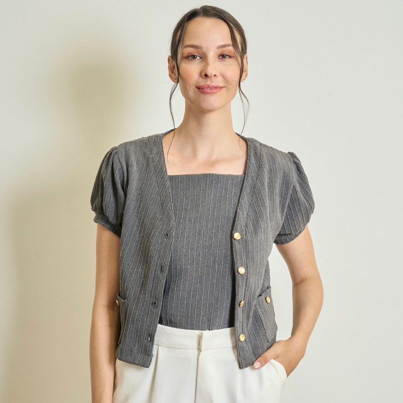 Earl cardigan + Biscuit top : Grey เสื้อคาร์ดิแกนแขนพอง และเสื้อกล้ามคอเหลี่ยม ผ้าไม่ต้องรีด ยับยาก