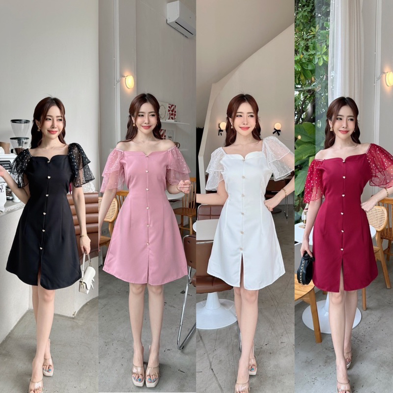 C94Bella Dressเดรสแขนสั้น2ชั้นซีทรูลายหัวใจติดกระดุมหัวใจ