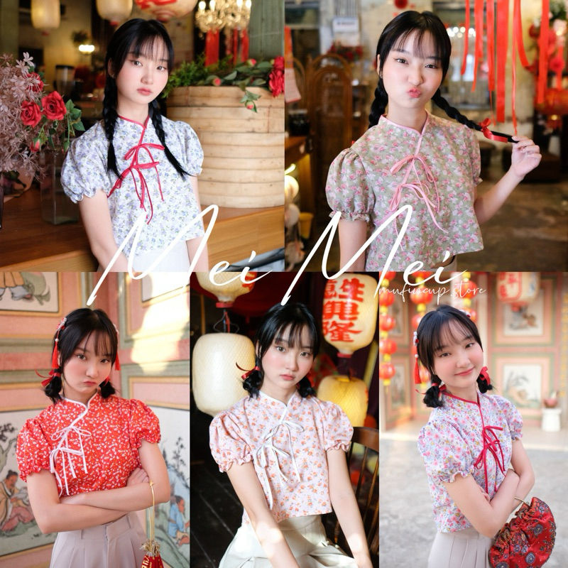 พร้อมส่ง meimei top เสื้อครอปตรุษจีน คอจีน มีดีเทลโบว์ผูก ผ้าไหมอิตาลีลายดอกสีมงคล ใส่ไปรับอั่งเปา | muffincup.store