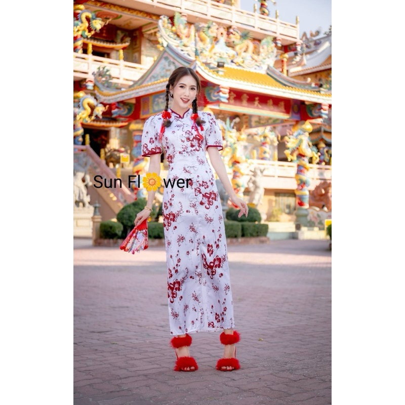 (m,,3xl) เดรสกี่เพ้า คอจีน แต่งโบว์หน้า น่ารัก งานป้าย sun flower
